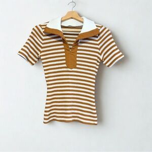 🐶 Vintage 1990s Brown Cream Striped Knit Polo Top – M